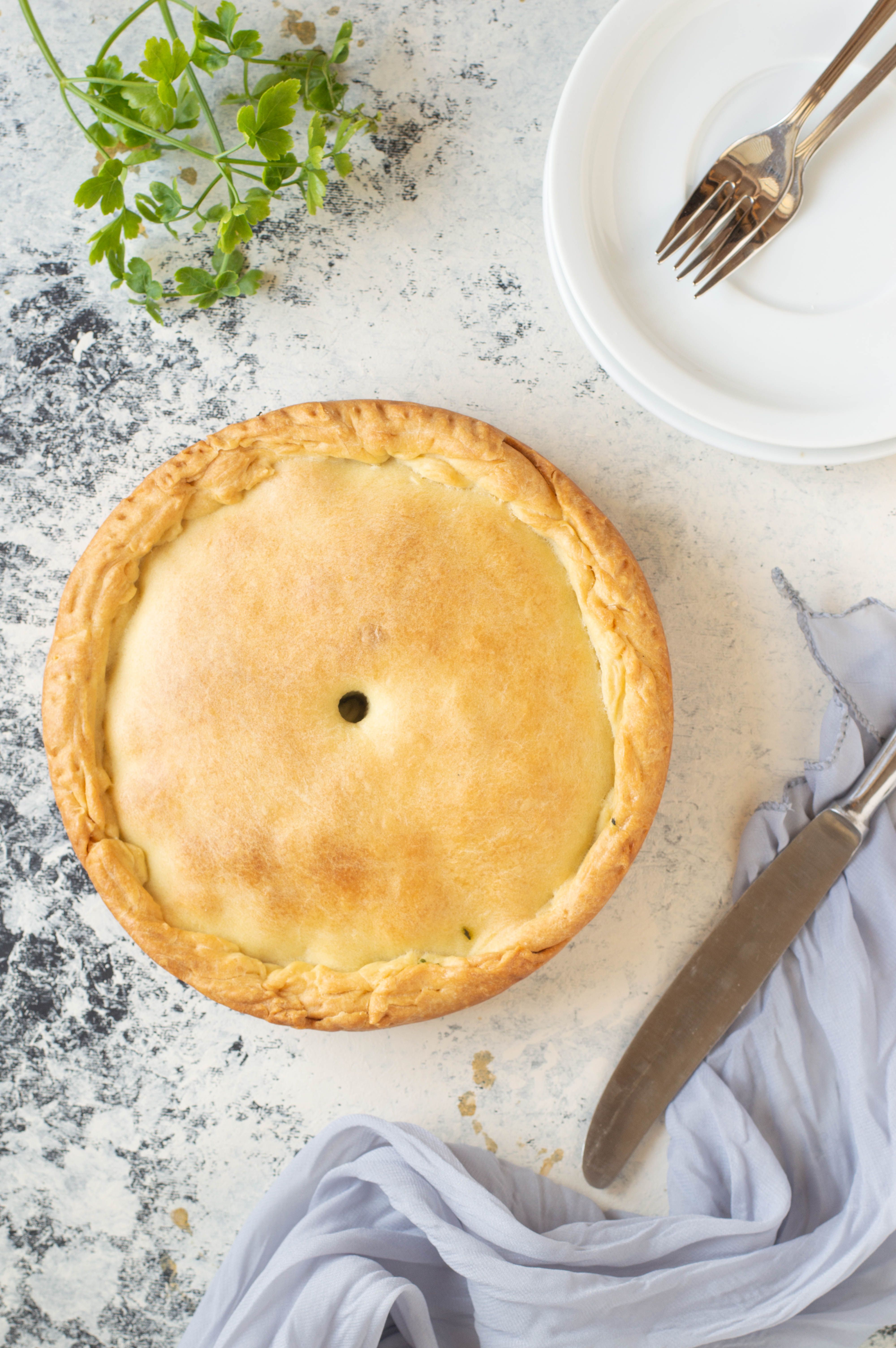 Golden-crusted chicken pot pie in a pie dish